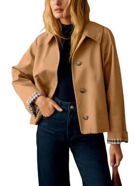 Women's Short Trench Jacket Plaid Lining Button Front with Pockets Camel